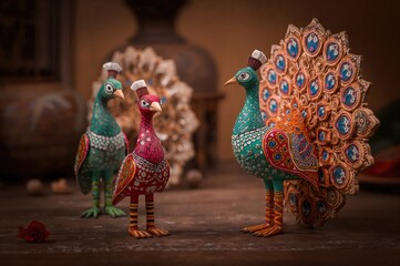 Obraz premium Handcrafted wooden peacock figurines in traditional style