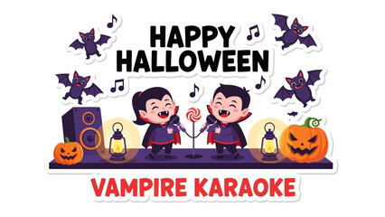 Obraz premium Happy Halloween Vampire Karaoke: An inviting scene unfolds, complete with cheerful pumpkins and whimsical bats, as two endearing vampire singers seize the stage for a Karaoke night.