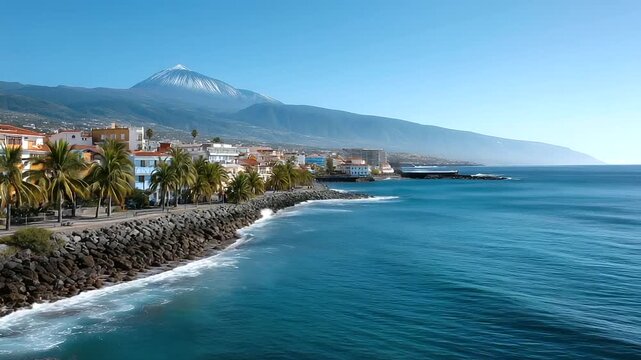 Realistic photo of Puerto de la Cruz coastal town with colorful houses, palm trees, and Mount Teide volcano in the background, clear blue sky. Puerto de la Cruz