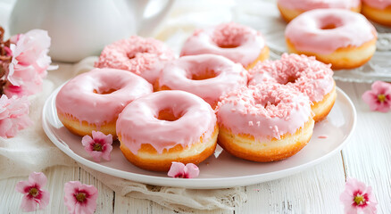Sweet pink donuts delight with cherry blossoms charm