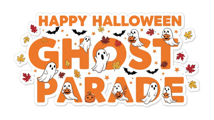Happy Halloween Ghost Parade: A whimsical Halloween scene of playful ghosts, pumpkins, and autumn leaves. This festive illustration celebrates the spooky spirit of the holiday.