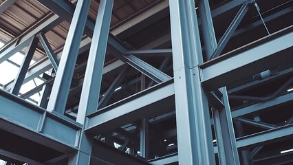 Industrial metal beams forming an abstract geometric composition in a construction setting with cool steel tones.
