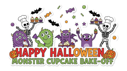 Monster Cupcake Bake-Off: A whimsical illustration celebrating Halloween with friendly monsters competing in a cupcake bake-off, showcasing creative and fun desserts.