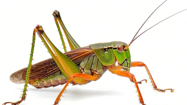 Video clip A small green grasshopper sits on a clean white surface