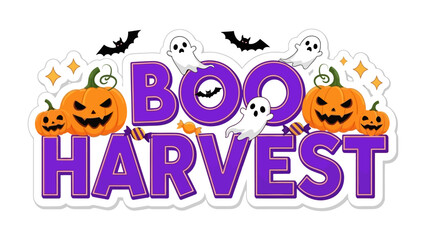 Boo Harvest: A vibrant illustration of Halloween spirit, featuring a festive arrangement of pumpkins, ghosts, bats, and celebratory text.