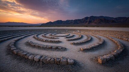 Stone Labyrinth in Desert at Sunset