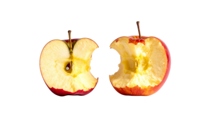 Red apple with bite revealing inner flesh, isolated on transparent background