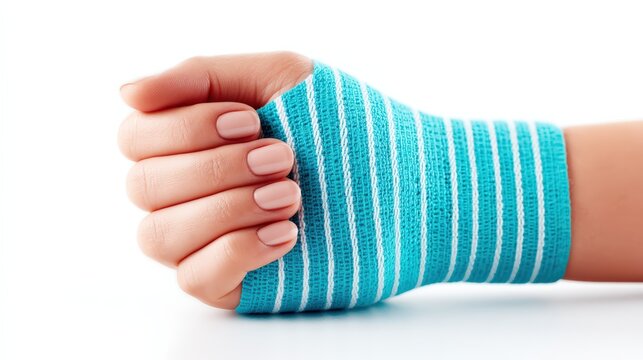 A hand with a blue and white striped bandage is clenched, indicating an injury or healing process. - Powered by Adobe