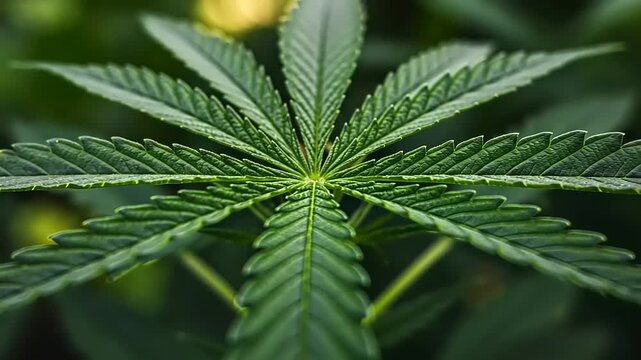 Close-up of a vibrant green cannabis leaf, showcasing its intricate venation and texture.