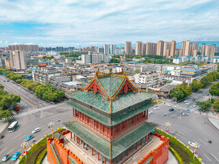 aerial view of the ancient landmark gate tower in the city centre, Shanxi Province, China