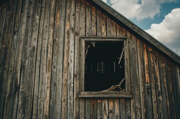 Weathered wooden barn exterior with shattered glass window