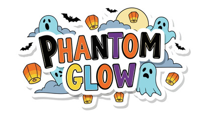Phantom Glow Halloween Graphic: A whimsical Halloween illustration that radiates a festive atmosphere with floating lantern, spooky ghost and flying bats, the phantom glow logo above.