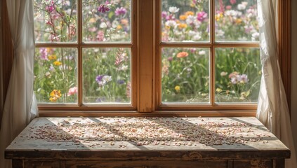 Wooden window showcasing a rustic table adorned with wildflowers
