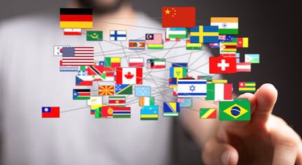 Image showing flags of various countries connected by lines, representing global connections,...