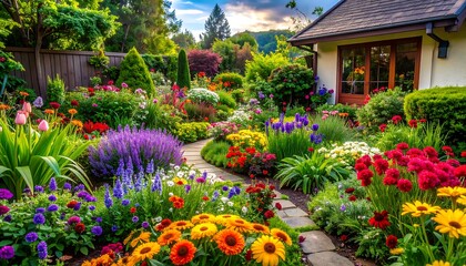 Beautiful Lush Garden With Colorful Flowers and Greenery.