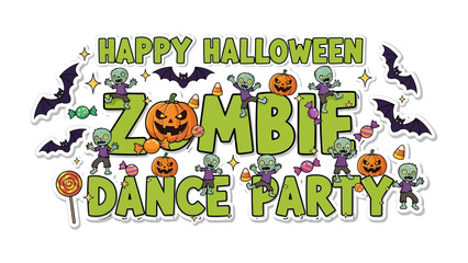 Happy Halloween Zombie Dance Party Illustration: A vibrant illustration celebrating Halloween, featuring animated zombies, pumpkins, bats and festive sweets.