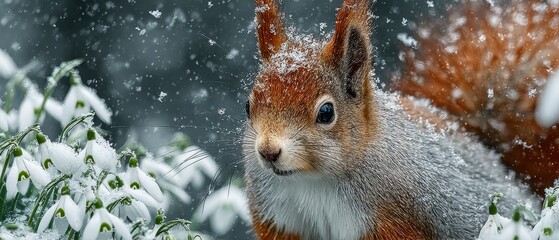 Serenity in snow: a red squirrel's first encounter with snowdrops. Unusual perspectives. Playful squirrel and luxurious snow blossoms in winter park. Grotesque style. Edgy editorial.