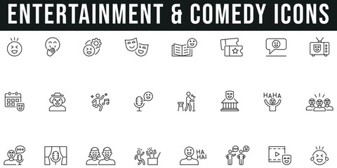 Entertainment and Comedy line icon set covers stand-up, funny, laugh, joke, smile, clown, ticket, event, cosmic humor, and theater shows. Simple vectors with editable strokes clean and minimal design.