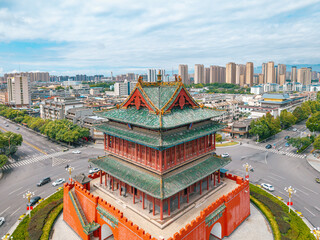 aerial view of the ancient landmark gate tower in the city centre, Shanxi Province, China