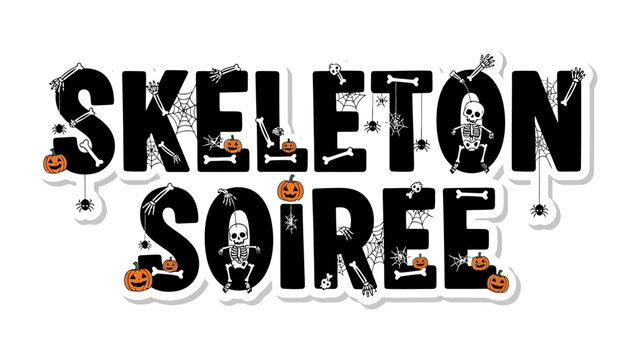 Skeleton Soiree: A spooky-themed design, perfect for Halloween, adorned with playful skeletons, jack-o'-lanterns, and spiderwebs, invoking the spirit of a festive evening.