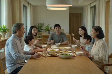 Happy family having dinner together at wooden dining table under warm lighting, realistic lifestyle scene