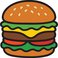 Cartoon Hamburger with Cheese, Lettuce and Tomato Vector Illustration