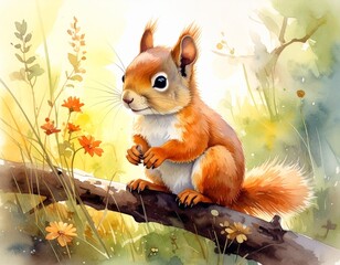 Fototapeta premium Ein kleines Eichhörnchen-Jungtier sitzt auf einem Ast