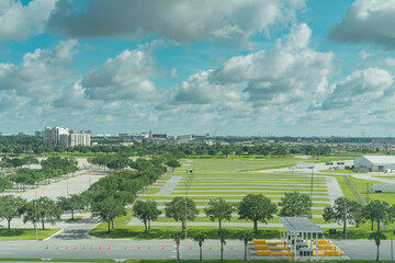 City Landscape under Bright Blue Sky with Clouds