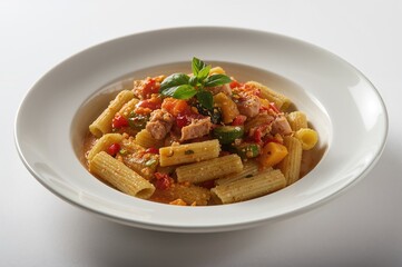 Large shell pasta filled with tuna and mixed veggies on a white backdrop