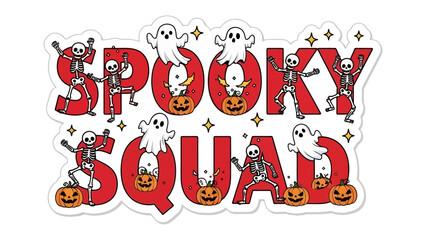 Spooky Squad Gathering for Halloween: An inviting and festive design showcases a 'Spooky Squad' of playful ghosts and skeletons, alongside smiling jack-o'-lanterns.