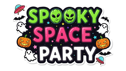 Spooky Space Party: A colorful and playful illustration invites guests to a 'Spooky Space Party,' a vibrant fusion of Halloween and outer space themes.