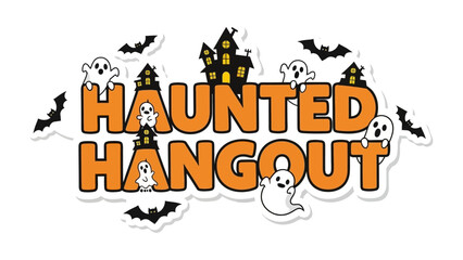 Haunted Hangout: An inviting spooky scene with ghostly figures and eerie silhouettes of bats and a haunted house. Perfect for Halloween. 