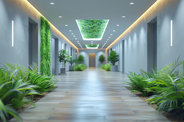 waiting area in a modern clinic, minimal design, green plants, bright atmosphere