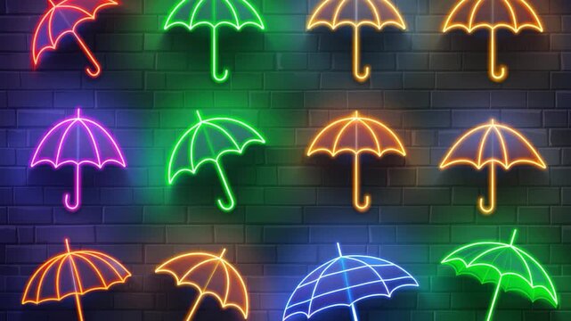 Video clip A group of bright neon umbrellas standing out against a gray brick wall
