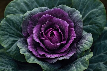Obraz premium A vibrant purple lettuce flowering in an agricultural field. Natural scenery ideal as wallpaper or backdrop with themes of flora, design, cuisine, and seasonal beauty.