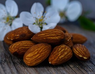 Close-up of almonds with white almond blossoms on rustic wooden surface, natural daylight and shallow depth of field. Perfect for organic food, nature, and healthy lifestyle concepts.