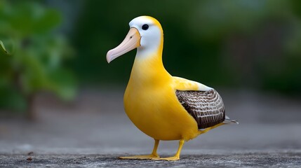 A close-up portrait of a beautiful yellow duck standing in a serene outdoor environment, surrounded by lush greenery.