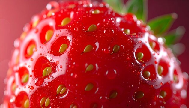 Macro close-up of a fresh, ripe red strawberry covered in glistening water droplets, showcasing its juicy texture and vibrant color