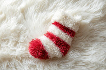 Fuzzy christmas sock, red stripe, white fur, cozy, festive warmth on soft rug