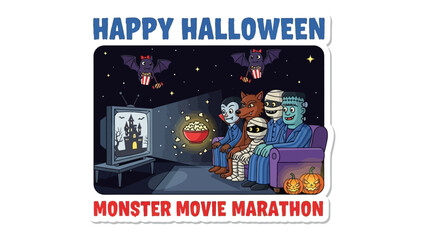 Happy Halloween, Monster Movie Marathon: A festive illustration captures the spirit of Halloween. Ghouls and ghosts gather in front of a television, watching a thrilling film.
