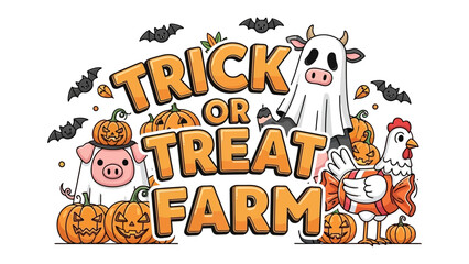 Trick or Treat Farm: A whimsical illustration of a farm scene celebrates Halloween. The artwork features a festive typography design and a variety of charming Halloween elements.