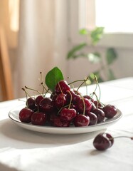 Pile of fresh cherries on a plate, ready to eat