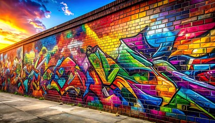 Colorful Graffiti Art on Brick Wall with Sky Background.