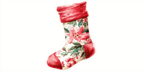 Floral Christmas sock, watercolor, red, festive, cozy holiday cheer