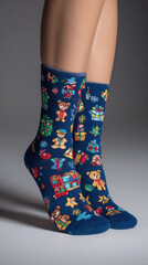 Cozy kids christmas sock blue festive pattern gift teddy bear snowflake holiday cheer