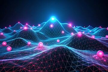 A glowing network of connected dots and lines forms a digital landscape