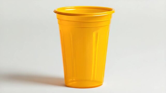 Video clip A single yellow plastic cup with a lid placed on a white background