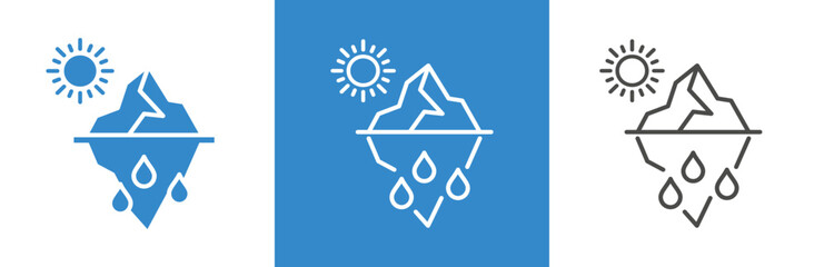 flat and linear set icons, iceberg melting icon, sun and glacier, change climate, problem global warming, simple symbols on white and black background - editable stroke vector illustration