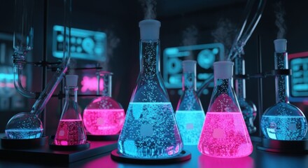 Vibrant Laboratory Experimentation with Glowing Chemicals and Bubbling Liquids