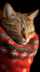 Cozy cat, christmas sock, sleeping, tabby, warm comfort scene feels peaceful